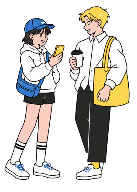 スマートフォンを見ながら会話する二人のイラスト